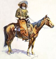 Kovbojové neboli "chlapci od krav" - námezdní jízdní pastevci, honáci a noční hlídači za pár dolarů. Zdroj: Wikipedie, Frederic Remington
